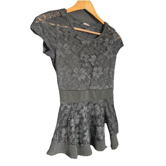 Fashion Magazine S Black Short Sleeve Y2K Peplum Babydoll Sheer Lace Whimsigoth - Picture 1 of 9